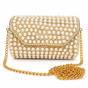 Royal Carry Silver Crown Pearl Barrel Clutch Bag with Gold Chain for Women