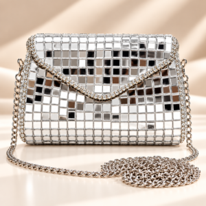 Royal Carry SilverPrism Mirror Work Clutch Bag for Women with Silver Chain