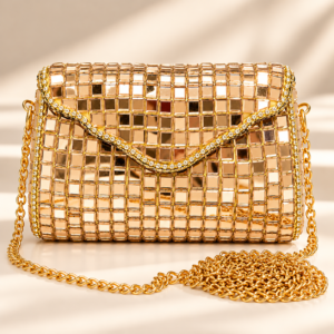 Royal Carry Gold Prism Mirror Work Clutch Bag for Women with Gold Chain
