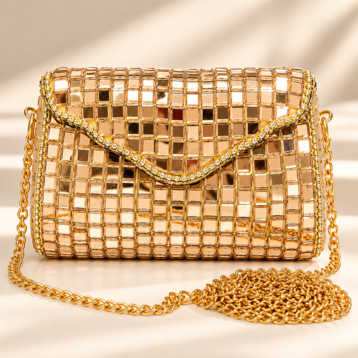 Royal Carry Gold Prism Mirror Work Clutch Bag for Women with Gold Chain